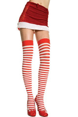 Opaque Red & White Striped Thigh Hi