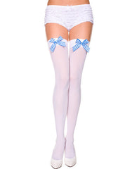 Opaque Thigh Hi With Satin Bow - White With Blue Checkered Bow