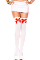 Opaque Thigh Hi With Satin Bow - White With Red Bow