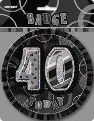 Glitz Black & Silver 40th Birthday Badge - 15cm