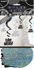 Glitz Black & Silver "Happy Birthday" Hanging Swirls (6 pack)