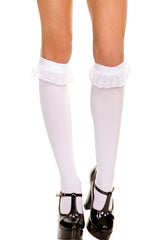 Opaque Lace Ruffle Knee Hi Socks - White