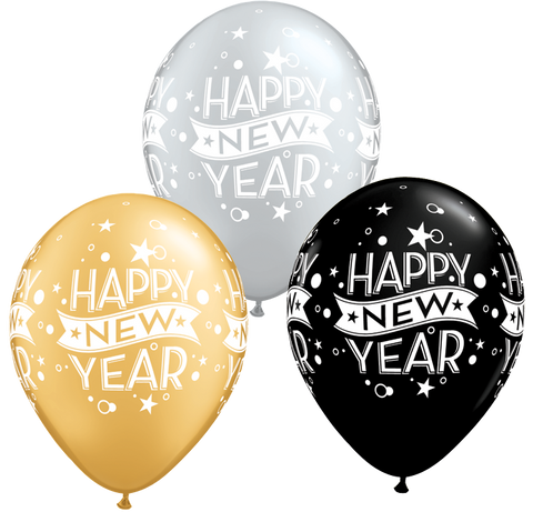 Happy New Year Silver, Gold, & Black Latex Balloons - (8 pack)