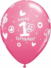 1st Birthday Circle Hearts Latex Balloons - Girl (8 pack)