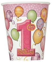 1st Birthday Pink Paper Cups 270ml (8 pack)