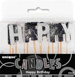 Glitz Black & Silver Glitter Happy Birthday Candle