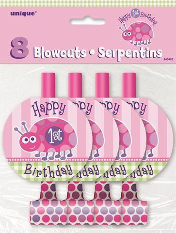 1st Birthday Pink Ladybug Party Blowouts (8 pack)