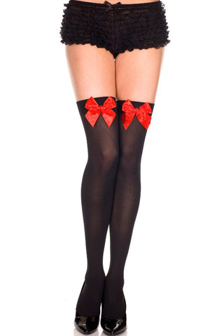 Opaque Thigh Hi With Satin Bow - Black With Red Bow
