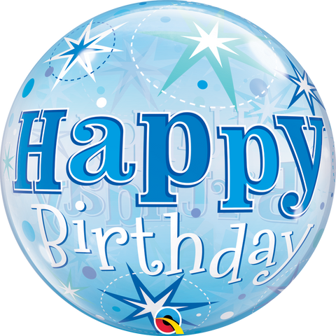 Happy Birthday Blue Starburst Bubble Balloon - 22"/55cm