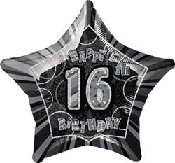 Glitz Black & Silver - 16th Birthday Star Foil Balloon - 50cm