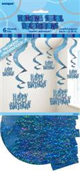 Glitz Blue  - "Happy Birthday" Hanging Swirls (6 pack)