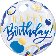 Happy Birthday Blue & Gold Dots Bubble - 22"/55cm