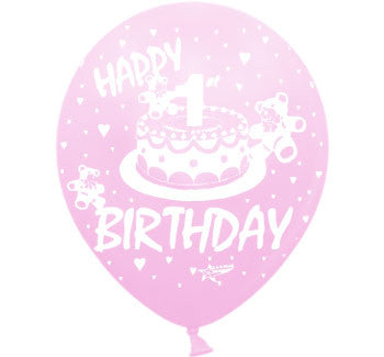 Helium Quality Printed Happy 1st Birthday Pink Balloons