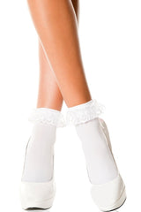 Opaque Ankle Hi Socks With Ruffled Lace Top - White
